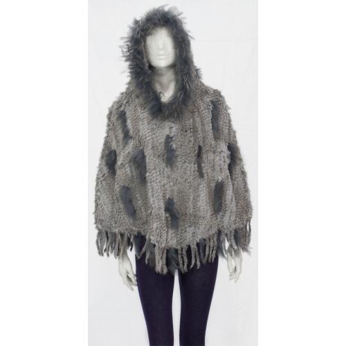 Winter Fur Light Grey Ladies Genuine Knitted Rabbit Poncho With Fox Trimming W05P03GREY